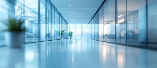  Modern Office Hallway with Glass Walls and Potted Plants in a Bright and Minimalistic Corporate Environment