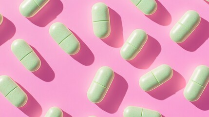 Poster - Green capsules on pink background,Medicines to combat the epidemic and viruses,tablet grid,Drug, tablet, pills,Global healthcare concept. Antibiotics drug resistance,Pharmaceutical industry.