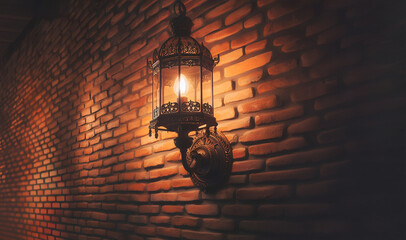 A lamp provides light on a brick wall