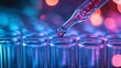 © Elshad Karimov - Medical or science laboratory concept with test tube rows, liquid drop droplets, and droppers in blue and red tones. Close-up, macro photography.