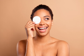 Poster - Photo of stunning dreamy lady look empty space cover eye bare shoulders isolated on beige pastel color background