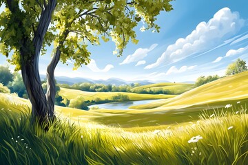 Sticker - Summer Landscape with Green Grass and Blue Lake.