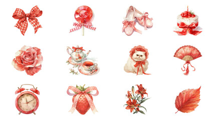 Sticker - PNG watercolor red coquette element set, transparent background