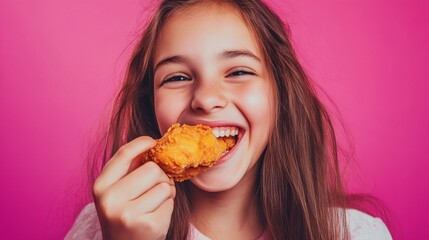 Wall Mural - Beautiful girl smiling and eating nuggets on camera isolated over pink background: Stock Image