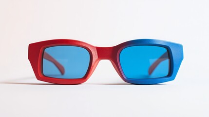 Red and blue 3D glasses, a nostalgic staple of immersive cinematic experiences, are captured in isolation against a pure white backdrop. These glasses, with their distinctive colored lenses