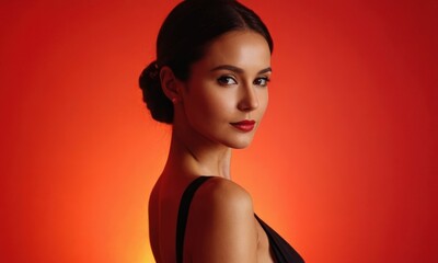 Model luxury woman in dress, backlight on red background. Generative AI