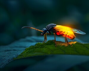 Wall Mural - Glowing Firefly in Twilight Luminescent Insect Lighting Up the Dark Outdoors