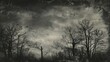 © NNJ Designs - A moody black and white grunge landscape with barren trees silhouetted against a stormy sky, rough textures, and dark, ominous clouds adding to the eerie atmosphere.