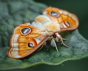 Wall Mural - Delicate Silk Moth Resting on Leaf with Velvety Wing Textures and Furry Body