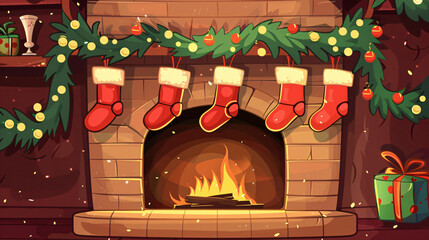 Aufkleber - Cozy and festive christmas fireplace with garland and lit fire, adorned with hanging christmas stockings