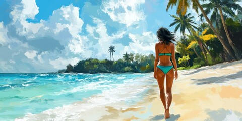 Wall Mural - Woman walks on beach with turquoise water.