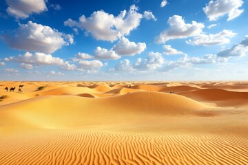 sand hills with camels resting in the distance in the marrakesh desert