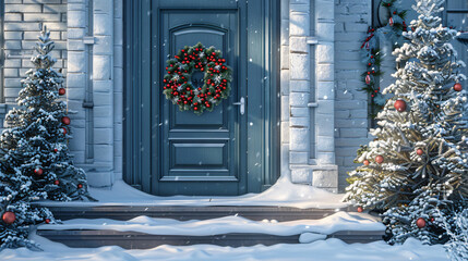 Canvas Print - Cozy home adorned for the holidays with snowfall, a festive wreath, and christmas trees