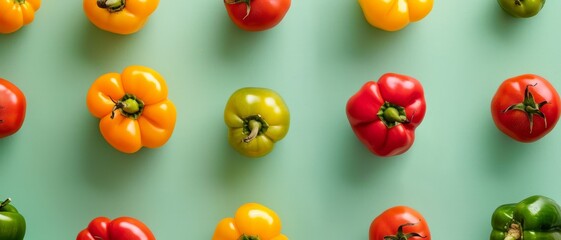 Wall Mural - A colorful array of fresh tomatoes and bell peppers in red, yellow, and green hues arranged artistically on a mint green background.