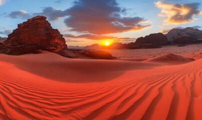 The red sand desert landscape with rocky mountain range in bright sunlight under a cloudy blue sky at the end of a hot dry day