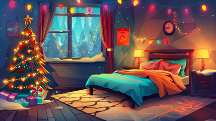 Aufkleber - Cozy bedroom interior with christmas tree, gift boxes, garlands, and snowy window view at night