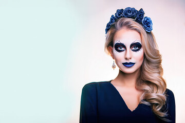 Witch woman with long, styled hair is wearing a blue dress and has their face painted with Día de los Muertos skull makeup in blue, and black colors, standing against a light background