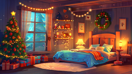 Aufkleber - Christmas interior of bedroom with decorated fir tree, gift boxes, glowing lamps and garlands, cozy home atmosphere