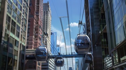 Modern cityscape with aerial cable car system.