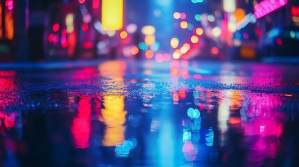 Wall Mural - Multi-colored neon lights on a dark city street, reflection of neon light in puddles and water. Abstract night background, blurred bokeh light. Night view colorful