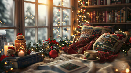Aufkleber - Christmas lights illuminating a cozy reading nook by the window, with blankets, pillows, books, and a cup of tea