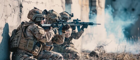 Soldiers in military gear taking aim from a wall, enveloped in dust and smoke, highlighted by the soft daylight, depicting readiness and action.