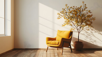 Poster - Warm toned living room interior wall mockup with a yellow armchair and a background of a white wall color grading