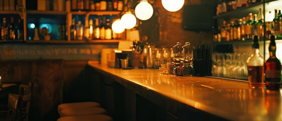 Aufkleber - A cozy bar with warm lighting, glowing bottles on shelves, and a polished counter invites patrons for a relaxing evening.