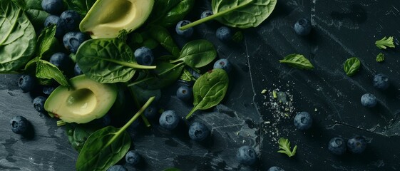 Wall Mural - An artful arrangement of fresh avocado, leafy greens, and blueberries on a dark slate background, showcasing a perfect blend of colors and textures.