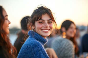 The young woman has her hand on her chin as she sits with friends atop a pier near a lake.