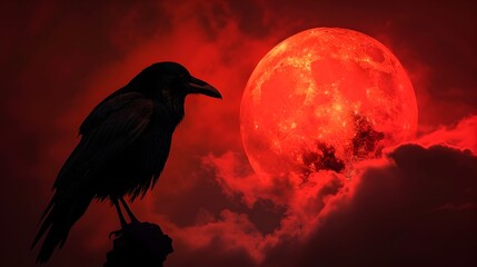 Wall Mural - Ominous Raven Silhouette Against a Blood Red Lunar Sky with Drifting Clouds