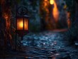 © Bussakon - Lone Lantern Illuminating Antique Cobblestone Street in Darkness