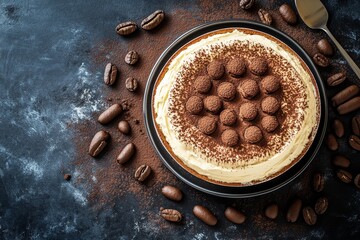 Wall Mural - Tiramisu, An Italian coffee-flavored dessert made with layers of ladyfingers, mascarpone cheese, and cocoa. Top View