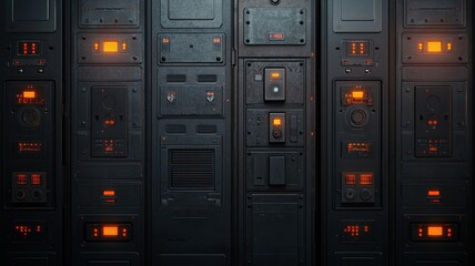 A detailed view of a futuristic control panel with glowing orange lights and various buttons, perfect for technology-related themes.