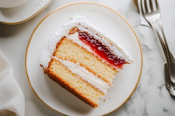 Victoria Sponge Cake, A British classic, made from two layers of sponge cake filled with jam and whipped cream. Top View