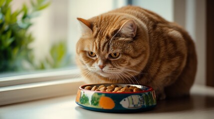 A chubby cat with a satisfied look, eating from a colorful cat food dish, with its fur and round shape prominent and the setting designed to highlight its cuteness.