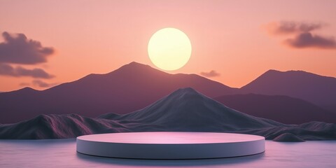 Wall Mural - A large, round, white structure sits on a mountain top, with a large, glowing sun in the background. The scene is serene and peaceful, with the mountains and the sun creating a sense of calm