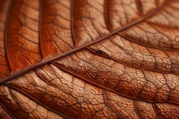 Detailed macro shot of a dry autumn leaf, showcasing its intricate vein patterns in warm brown hues. The texture and lines create a natural abstract design.