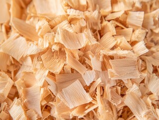 Wall Mural - Detailed wood shavings, macro shot, carpentry craft, showcasing intricate details of the woodworking process.