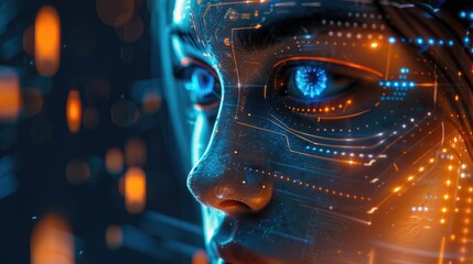 Woman or robot face futuristic lines glowing AI technology concept