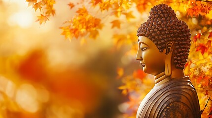 Wall Mural - Serene Golden Buddha Statue Among Autumn Leaves in Soft Light - Peaceful and Vibrant Spiritual Scene