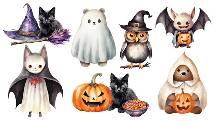 Wall Mural - PNG  halloween animal cartoon element set, transparent background