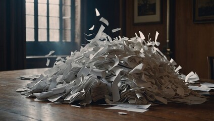 Sticker - A pile of folded paper scattered across a table, evoking a sense of creativity and craftsmanship.