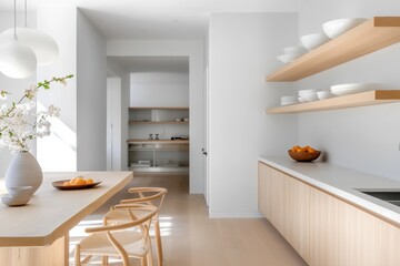 Wall Mural - Modern Scandinavian-Inspired Walk-In Pantry with Wooden Shelves and Minimalist Design Aesthetics