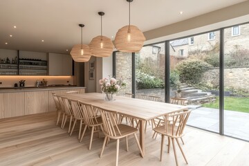 Wall Mural - Modern Scandinavian Dining Room with Neutral Color Scheme and Minimalistic Design