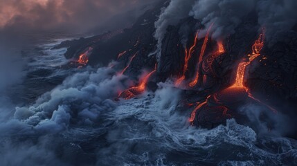 Molten lava flows from a volcanic cliff into the ocean, creating plumes of steam.