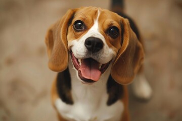 A smiling beagle dog looks up with bright eyes, exuding happiness and a friendly personality in a delightful pose, cheerful beagle wagging its tail, Ai generated