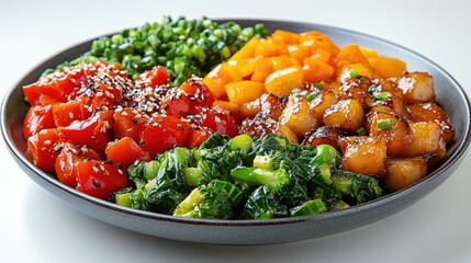 Wall Mural - A vibrant, fresh vegetable stir-fry on a white plate with a pure white background