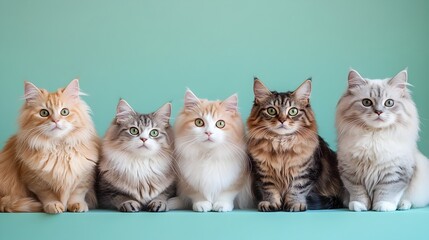 A Cozy Assortment of Worldwide Feline Breeds Posed in Serene Pastel Tones