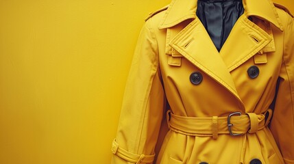 Yellow trench coat on display against a vibrant yellow background